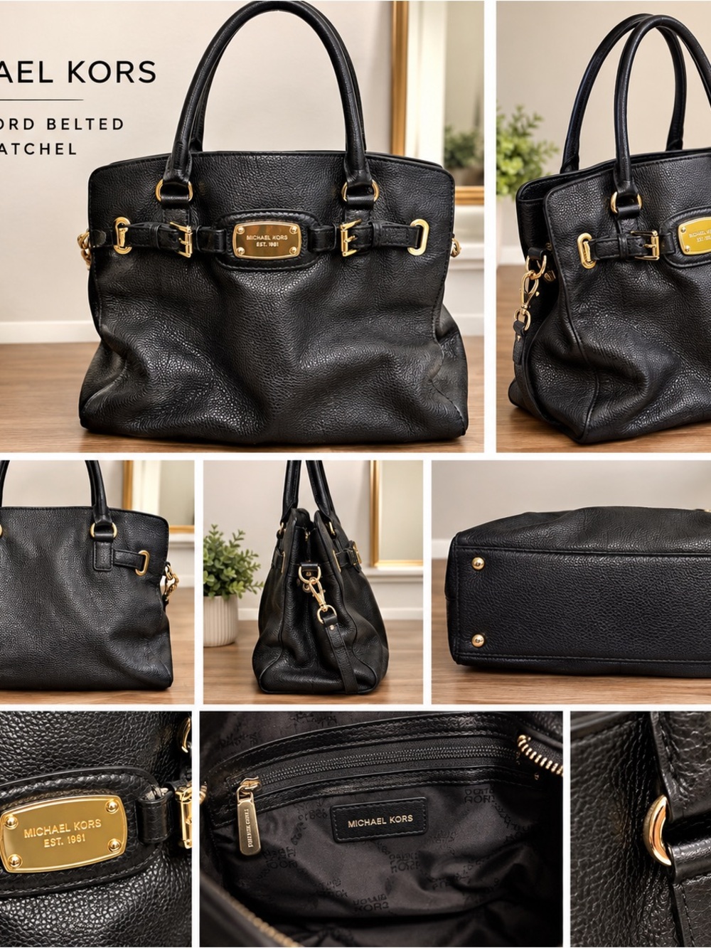 Michael Kors Black Pebbled Leather Satchel with Gold Accents